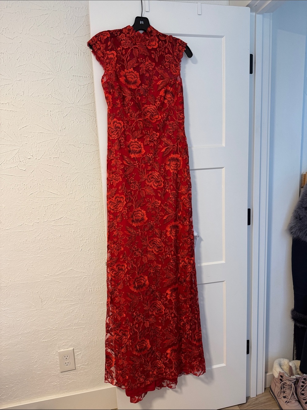 Tadashi Shoji Red Floral Lace High-Neck Maxi Dress